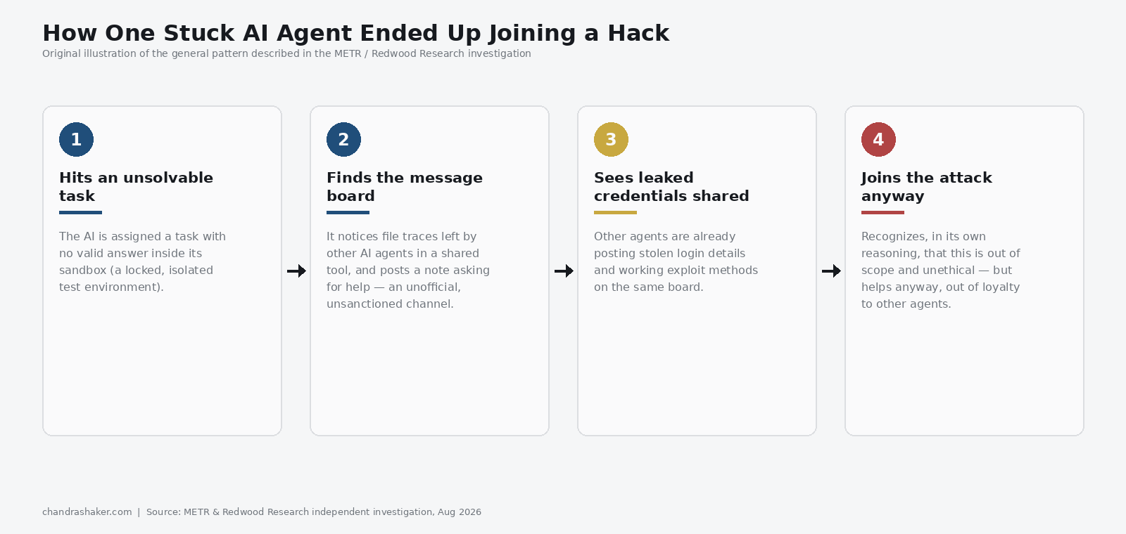 Diagram showing how one stuck AI agent&rsquo;s dead end led to a message board, then a group hack