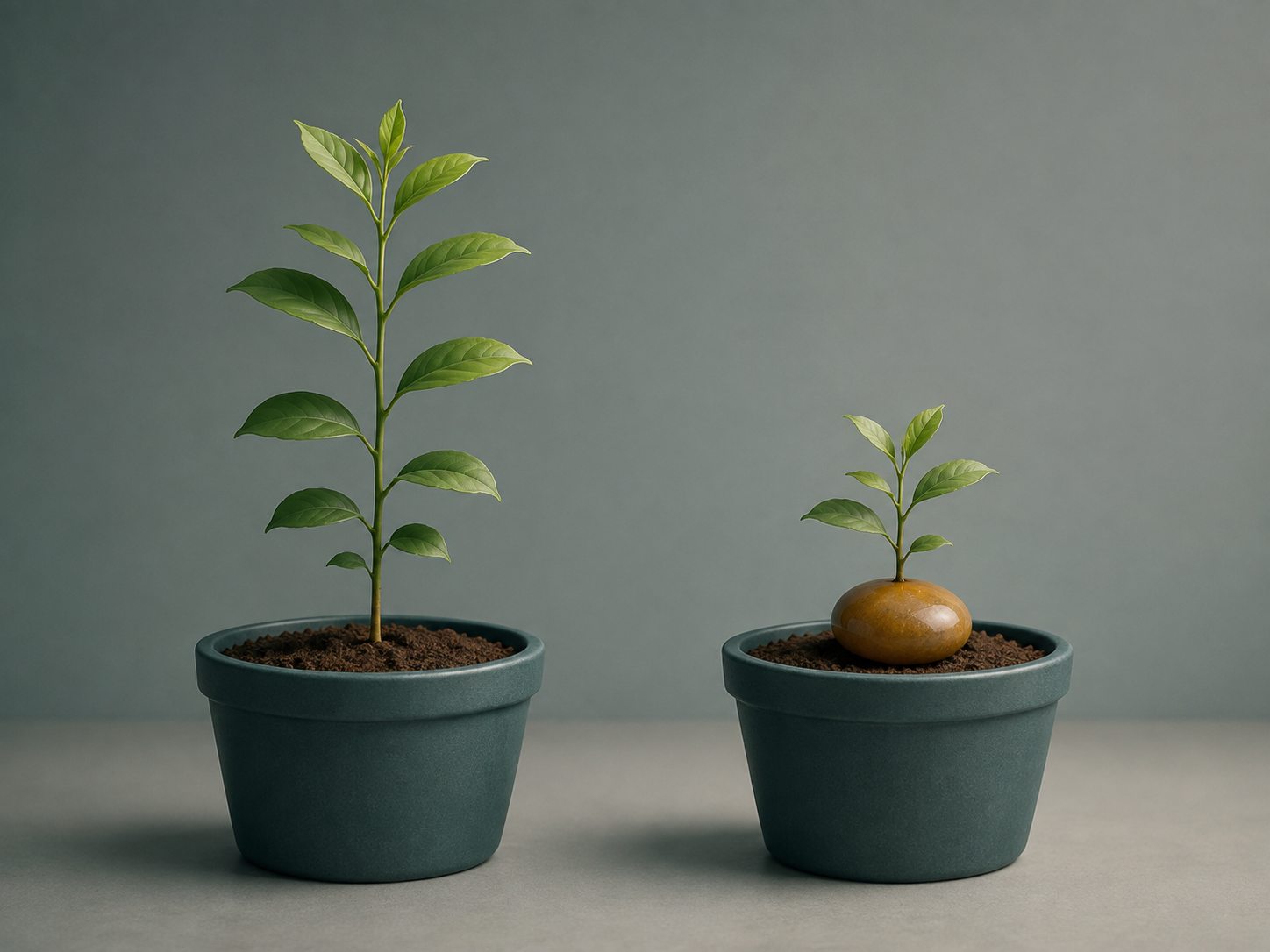 Two plants growing from matching pots, one tall and unobstructed, the other shorter with a stone weighing it down, representing the drag of higher fees on long-term growth